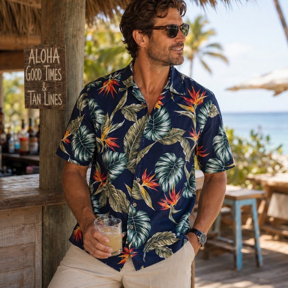 Belle Street‎ Mens Large Navy Blue Tropical Bird of Paradise Floral Cotton Shirt